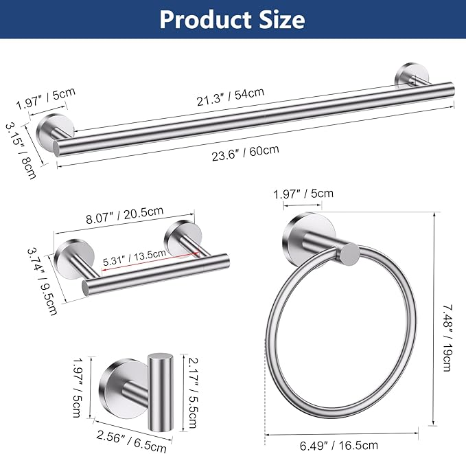 TQKAG Brushed Nickel 5 Piece Bathroom Hardware Accessories Set 23.6" SUS304 Stainless Steel Bathroom Towel Bar Holder Sets Double Post Pivoting Toilet Paper Holder Set Wall Mounted