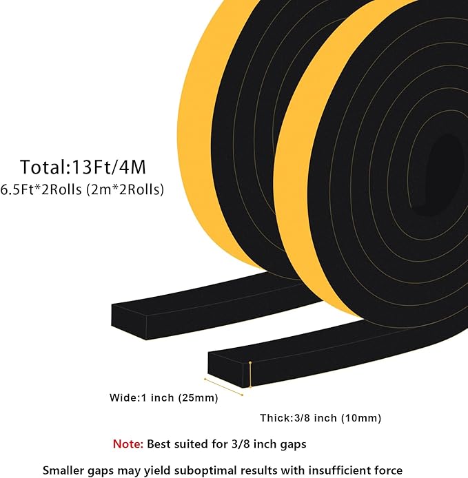 Strong Adhesive Foam Insulation Tape, Weather Strip for Doors and Windows Insulation, SoundProof Door Insulation Strip, Weatherproof, Anti-collision, Anti-bug, Shockproof(1 In x 3/8 In x 13Ft)