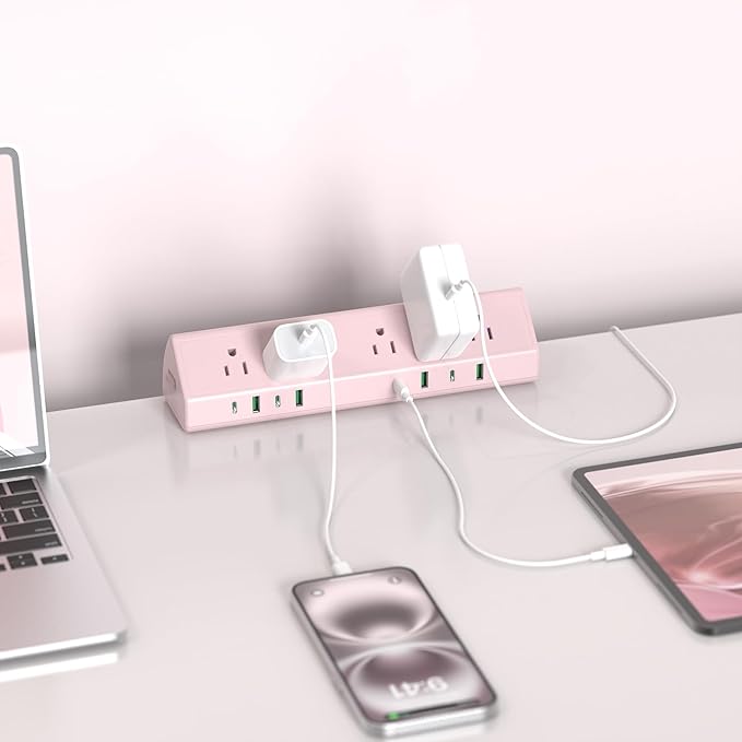 Jgstkcity Desk Clamp Power Strip, 45W Fast Charging Station,4 USB-C, 4 USB-A,1200J Surge Protector,ETL Listed,1875W Extension Cord,Multiple Outlets for Home, Office (Pink, 6 FT Cable)