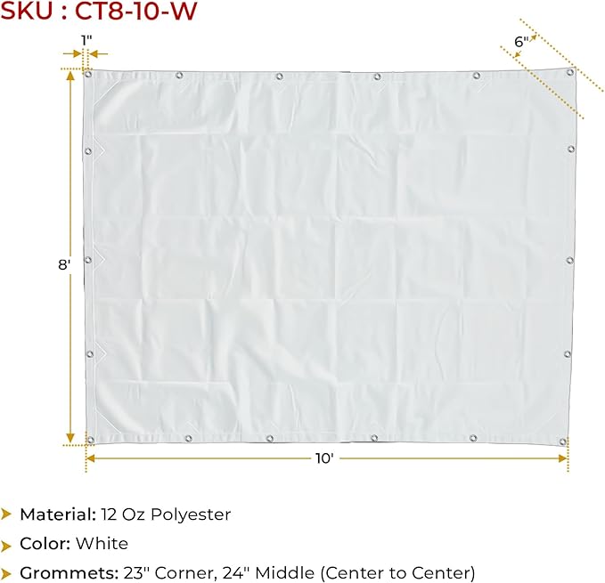 Mytee Products 8' x 10' White Canvas Tarp 12oz - Water Resistant & Breathable - Heavy Duty Tarps - Multipurpose Tarpaulin Cover for Camping Tent