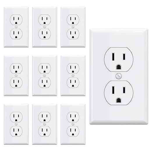 AIDA Outlet White Duplex Receptacle with Wall Plate, Electrical Outlet Electrical Wall Outlet, 15 Amp Outlet 125V, Self-Grounding, 2-Pole, 3-Wire, 5-15R, UL Listed, 10 Pack, Tamper Resistant