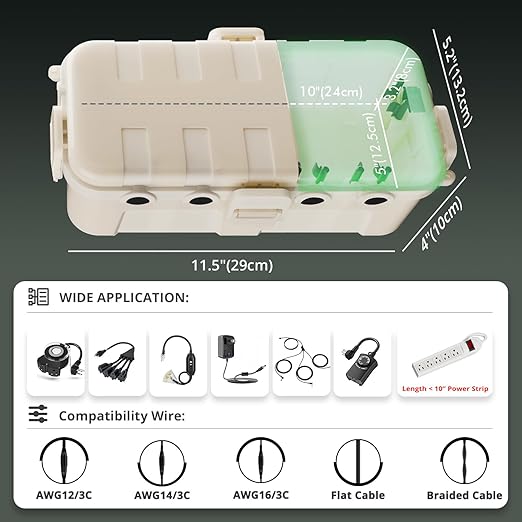 QUOBAS Outdoor Waterproof Electrical Box with 6 Cable Ports, IP54 Weatherproof Heavy-Duty Extension Cord Cover for Power Strips, Garden Power Tools, Holiday Lights, Almond