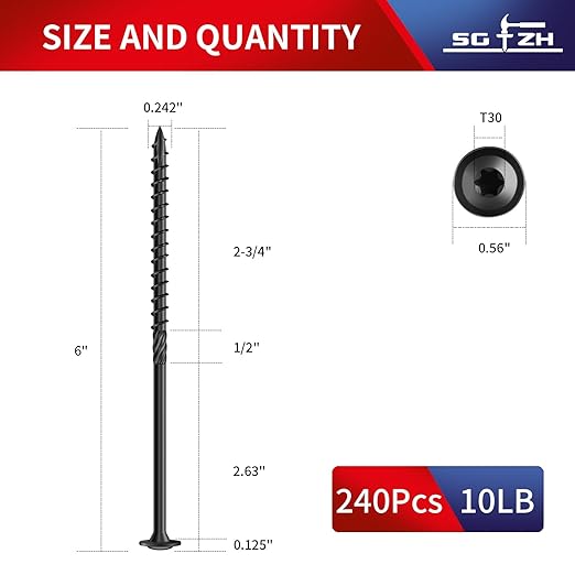 #14 x 6 Inch Lag Screws (240Pcs) 10lb. Structural Wood Screw, Black, Carbon Steel, Washer Head, Rust Resistant epoxy Coated, T30 Star Bit