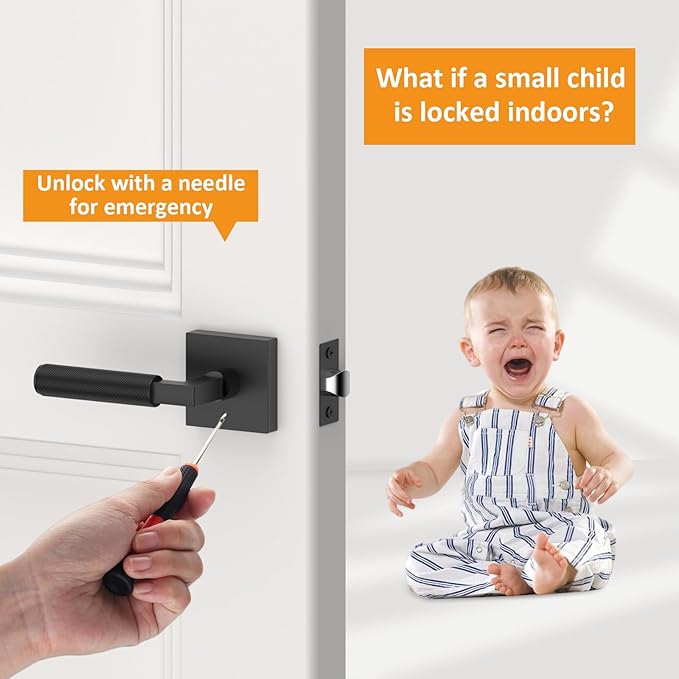 Amerdeco 1 Pack Privacy Door Handles,Matte Black Door Handles Interior,Knurled Black Door Lever, Heavy Duty Bedroom and Bathroom with Lock,Reversible Keyless for Right & Left Side AM0021