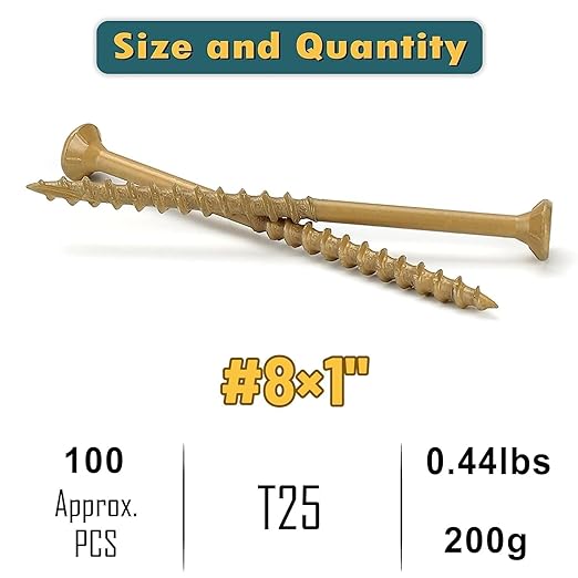 WELLOCKS Deck Screws, Wood Screws, Tan, Superior Rust Resistant, Epoxy Coated, Above 1000 Hour Salt Spray Coating T25 Torx Star Bit Included for Outdoor Wood Fence (Trial Size 0.44LBS, #8×1")
