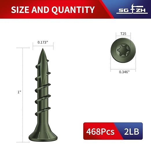 #8 x 1 Inch Deck Screws (468Pcs) 2lb. Exterior Wood Screws. Carbon Steel, Green, Flat Head, Rust Resistant epoxy Coated, with T25 Star Bit