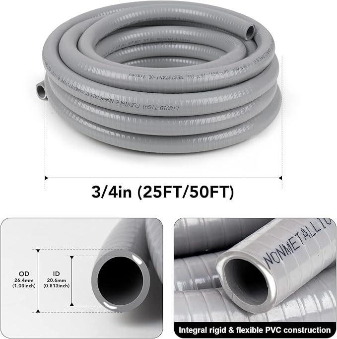 3/4inch 25ft Liquid-Tight Conduit and Connector Kit,Flexible Non-Metallic Liquid Tight Electrical Conduit Kit with 5 Straight and 3 90-Degree Connector Fittings,3/4 in. Dia