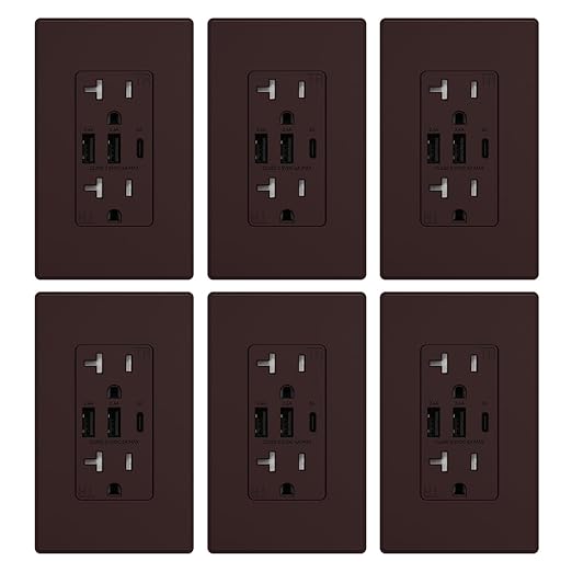 ELEGRP USB Outlets Receptacles, 3-Port Wall Outlet, 30W 6.0A Electrical Outlet, 15 Amp Tamper-Resistant Outlet with Type C Ports, UL Listed, Screwless Wall Plate Included, 6 Pack, Matte Brown