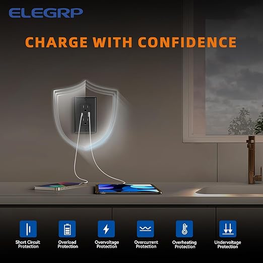 ELEGRP Wall Outlets 12 Pack, 15 Amp Wall Outlets Receptacles, Outlets with A and C Ports, Tamper Resistant Receptacle, Wall Plate Included, UL Listed, Black