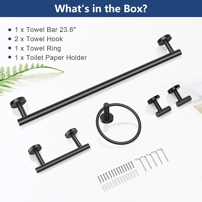 TQKAG Matte Black 5 Piece Bathroom Hardware Accessories Set 23.6" SUS304 Stainless Steel Bathroom Towel Bar Holder Sets Double Post Pivoting Toilet Paper Holder Set Wall Mounted