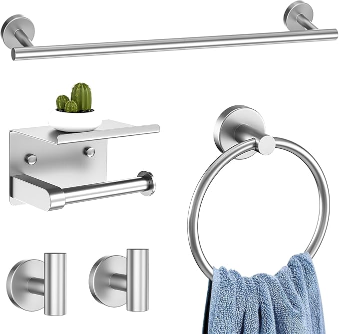 5-Piece Brushed Nickel Towel Bar Set Bathroom Hardware Set Includes Multi-Purpose Toilet Paper Holder 23.6in Towel Bar Towel Ring Towel Hooks Stainless Steel Wall-Mounted Bathroom Accessories