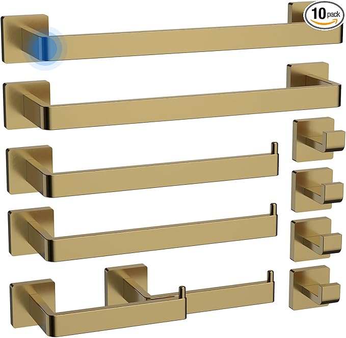 Toilet Paper Holder Collision Avoidance Towel Racks for Bathroom Thickened Material 304 Stainless Steel Towel Rack 10-Piece Towel Bar Brushed Gold Bathroom Hardware Set Will Not Rust