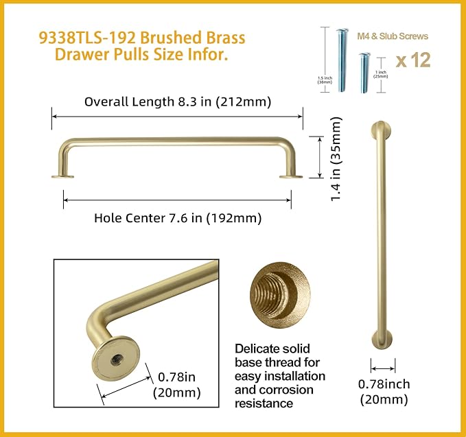 Goo-Ki 6 Pack Brushed Brass Cabinet Handle Drawer Pulls, 7.56 Inch(192mm) c-c Solid Zinc Alloy Modern Bar Pull Kitchen Hardware for Closet Dresser Wardrobe Cupboard Furniture