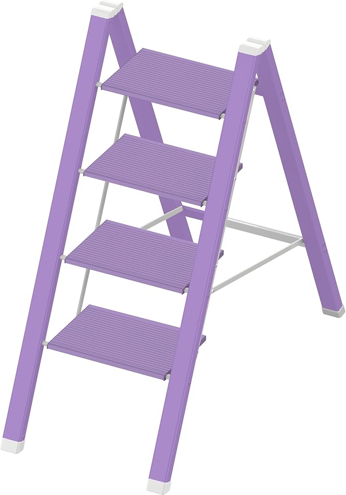 Lightweight Folding Step Ladder Household, Aluminum 4 Step Ladder Foldable for Home, Sturdy Step Stool for Adults 330 Lbs - Purple
