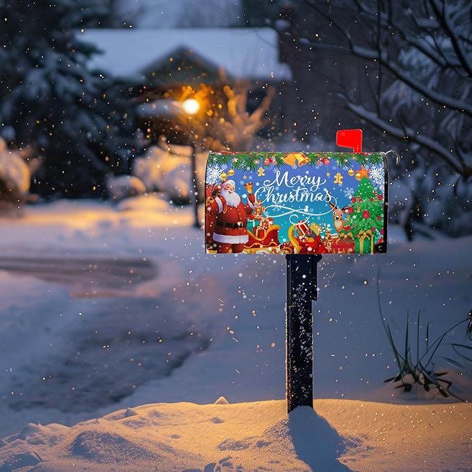 Christmas Mailbox Covers Magnetic Standard Size Merry Christmas Santa Post Box Cover Winter Snowflake Deer Mailbox Covers Xmas Holiday Letterbox Wraps Garden Yard Decor 21X18 Inch