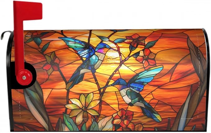 Giwawa Stained Glass Hummingbird Mailbox Covers Magnetic for Fall Mailbox Cover Large Autumn Mail Box Covers Oversized 25.5 x 21 Thanksgiving Decorations Outdoor Welcome Mailbox Wrap