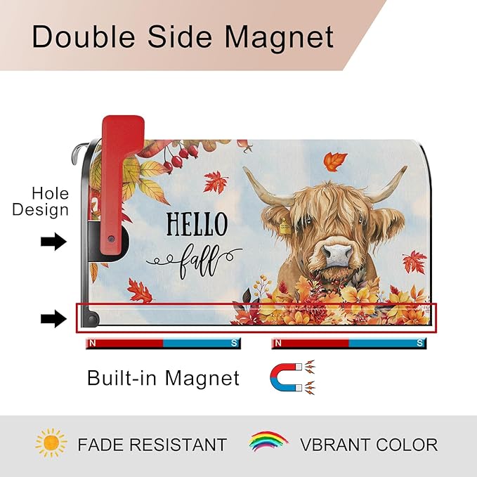 Fall Highland Cow Mailbox Cover Magnetic Standard Size 21x18 Inch Autumn Decorative Post Letter Box Wrap Decor Garden Yard Decoration