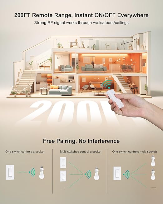 Remote Control Light Bulb Socket, Decorator Rocker Wall Switch, 200FT Range Wireless Light Switch for Pull Chain Light Fixture, E26 E27 Base, No Wiring Needed (1 Wall Switch and 2 Sockets)