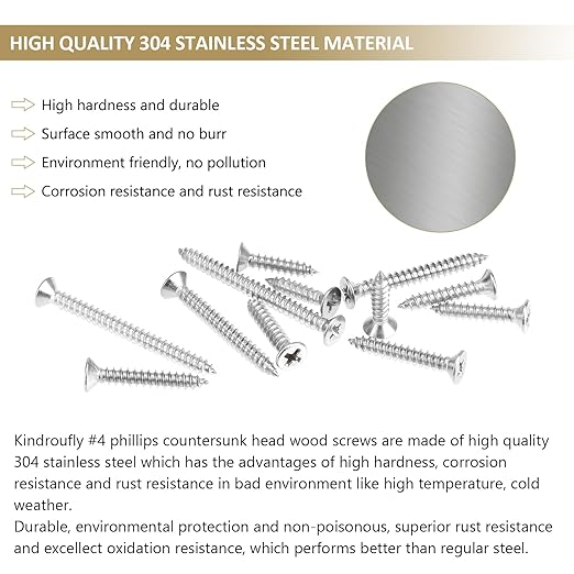 202 Pieces #4 x 1/2" 5/8" 3/4" 1" 1-1/4" Phillips Countersunk Head Self-Tapping Screws, Wood Screws Assortment Kit, 304 Stainless Steel