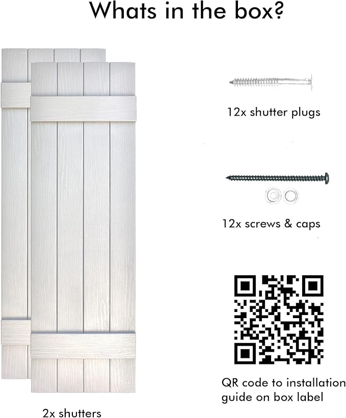Board & Batten Vinyl Shutters (1 Pair) | 14.5"x31" (4-Board) - Dover White/Paintable | Exterior Window Shutters | Includes Mounting Hardware | Simple Installation | Made in USA