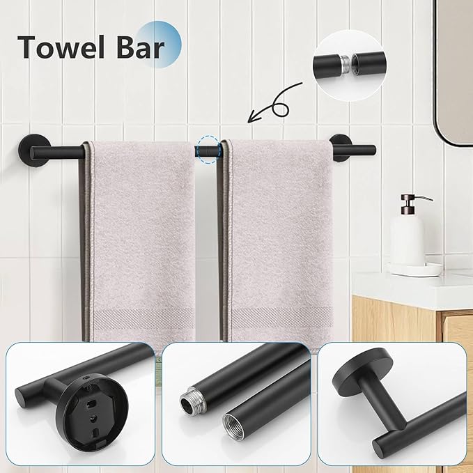 10 Pieces Matte Black Towel Bar Set Bathroom Hardware Accessories Set Upgraded Towel Hooks Towel Holder Set for Bathroom Stainless Steel Wall Mounted 23.6 Inch