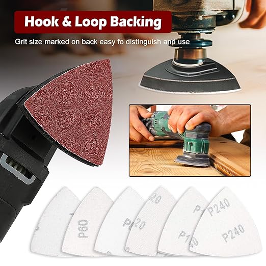 100pcsTriangle Sanding Paper Set, 60-240 Grit, Fits 3-1/8" Oscillating Tools - Aluminum Oxide Hooks & Loop for Wood, Metal, Drywall