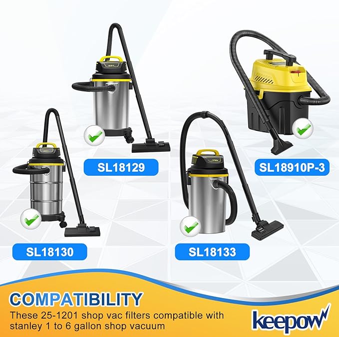 KEEPOW Shop Vac Filters Compatible with Stanley 1-6 Gallon Wet/Dry Vacuums SL18910P-3, SL18129, SL18133, Part# 25-1201 (1 Pack)