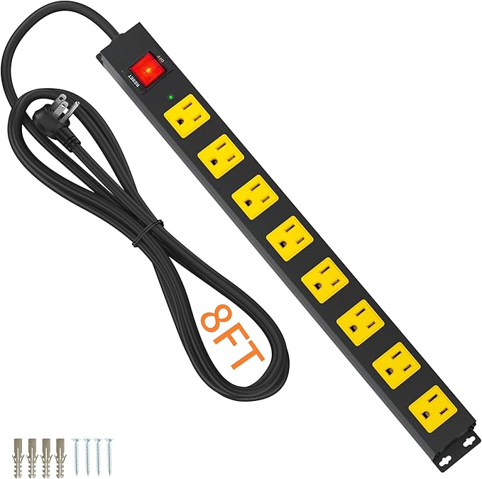 8 Outlet Power Strip 2100J Surge Protector, 8FT Heavy Duty Extension Cord Wide Spaced Outlet and Wall Mount Metal Powerstrip for Home Office Garage Workshop