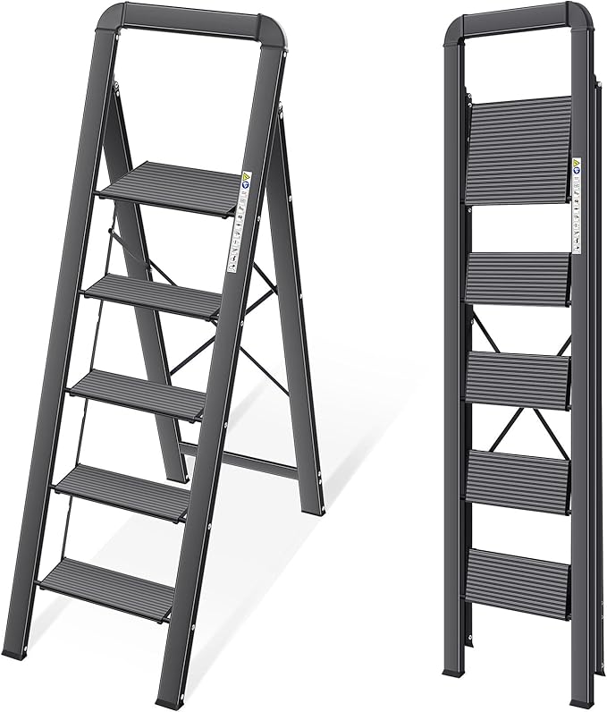 KINGRACK Aluminium 5 Step Ladder, Lightweight Step Stool with Non-Slip Pedals, Handrail, Folding Step Ladder for Kitchen, Garage, Home, Space Saving, Sturdy and Portable, Black