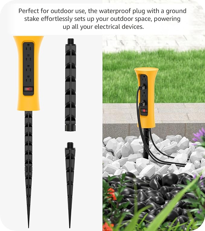CCCEI Outdoor Power Strip Weatherproof with Stake, Waterproof Extension Cord with Multiple Outlets, Christmas Exterior Garden Decor, Yard, Camping, 4 Plugs, Surge Protector 25FT, Yellow.