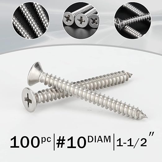 100 PCS #10X1-1/2(1.5 inch) Stainless Steel Phillips Flat Head Wood Screws,Stainless Steel 18-8 A2(304) Screw,Home Screw Kit by QISHENG