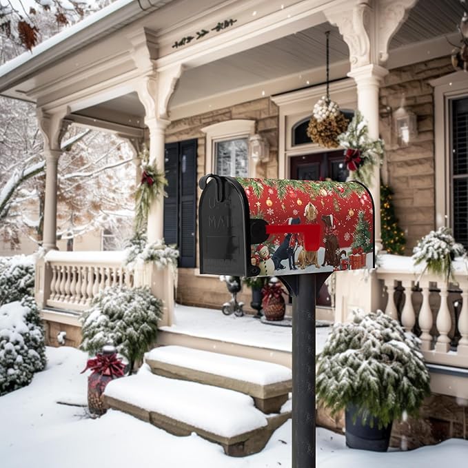 Christmas Retriever Dog Tree Magnetic Mailbox Cover Standard Size 21X18 Winter Covers Snowman Red Green Xmas Holiday Mailbox Letter Box Wraps Covers for Outside Garden Yard Outdoor Decorations