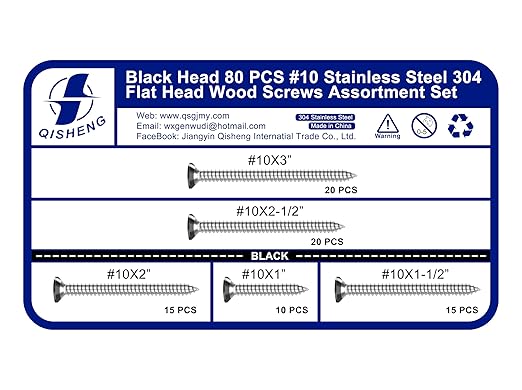 QISHENG 80 PCS Black Head #10 Stainless Steel Phillips Flat Head Wood Screws Assortment Set,Stainless Steel 18-8 A2(304) Screw,Home Screw Kit