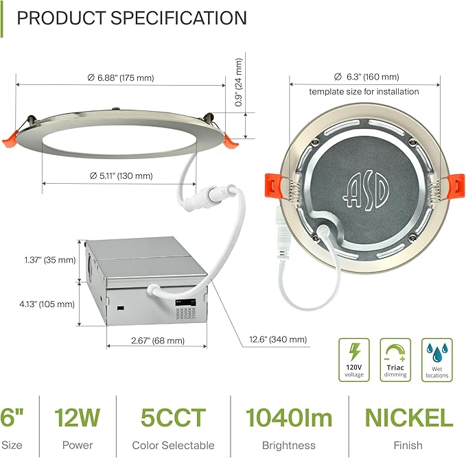 ASD 6 Pack LED Recessed Lighting 6 Inch 12W, 5 CCT 2700K-5000K CRI90+, IC Rated Ultra Thin Dimmable Ceiling Lights with J Box, Canless Wafer Downlight, Round Slim Panel Light, Energy Star ETL, Nickel