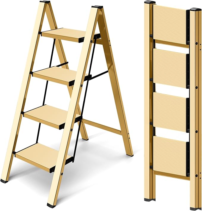 Taranta 4 Step Ladder,Aluminum Lightweight Folding 4 Step Stool with Anti-Slip Wide Pedal,330lbs Capacity Step Ladder for Household,Kitchen,Office - Gold