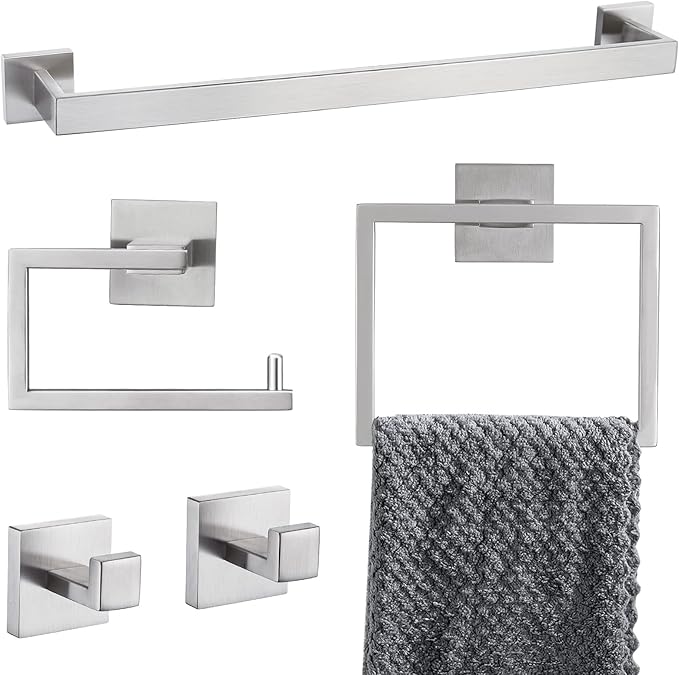 YACVCL 5-Piece Bathroom Hardware Accessories Set 23.6 inch Towel Bar Towel Rack Sets Modern Towel Ring Kit Stainless Steel Wall Mounted (Brushed Nickel)