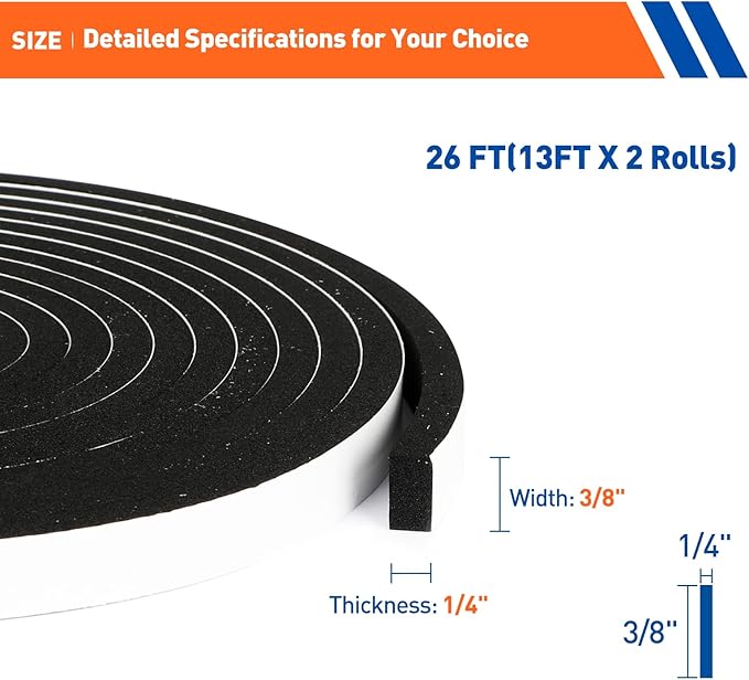 MAGZO Weather Stripping Door Seal, 3/8 Inch Wide X 1/4 Inch Thick Adhesive Foam Tape Soundproof Weatherstripping for Windows, 2 Rolls Total 26FT Black