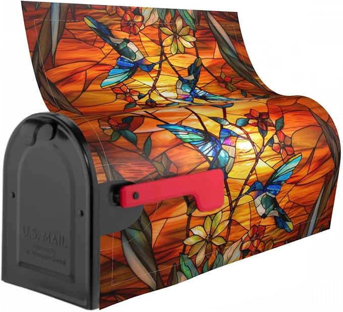 Stained Glass Hummingbird Magnetic Mailbox Cover for Fall and Thanksgiving - Standard Size 18 x 21 Autumn Outdoor Welcome Decoration
