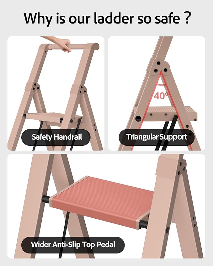 Taranta 3 Step Ladder, Lightweight Aluminum Step Stool with Convenient Handgrip, Folding Ladder with Anti-Slip Pedals, 330lbs Capacity Stepladder for Home, Office, Kitchen - Peach Pink
