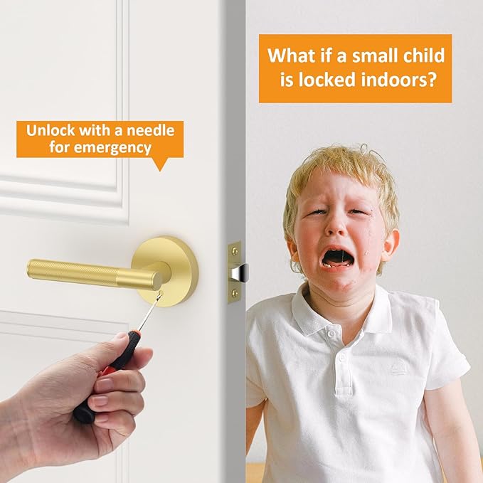 Amerdeco 5 Pack Brushed Gold Door Handles Interior, Knurled Privacy Door Handles with Lock,Heavy Duty Gold Door Lever for Bedroom or Bathroom, Reversible Keyless for Left Right Handed Doors AM0016