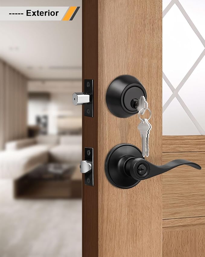 3 Pack Exterior Door Lever Lockset with Single Cylinder Deadbolt Black Door Handle with Deadbolt Lock Set Keyed Alike, Matte Black Finished