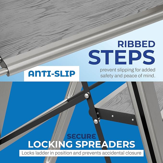 Step Ladder 3 Step Folding, Decorative - Beautiful Gray Wood & Silver Aluminum, Ultra Slim Profile, Anti Slip Steps, Sturdy-Portable for Home, Office, Kitchen, Photography Use,by SORFEY