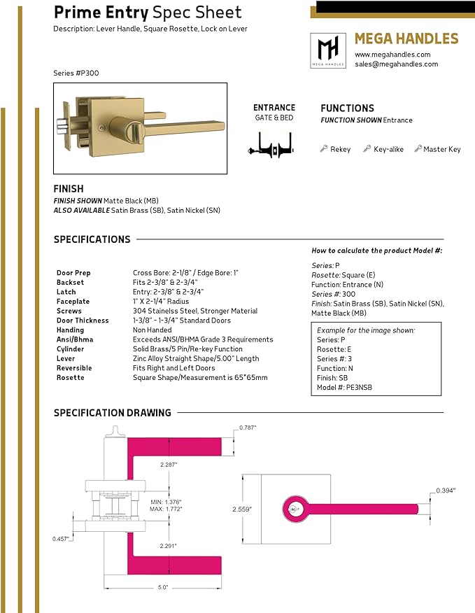Mega Handles - Prime Entrance Handle, Entry Lever Door Handle, Heavy Duty Square Locking Lever Set for Left or Right-Handed Doors, Interior/Exterior Door Levers - Matte Black