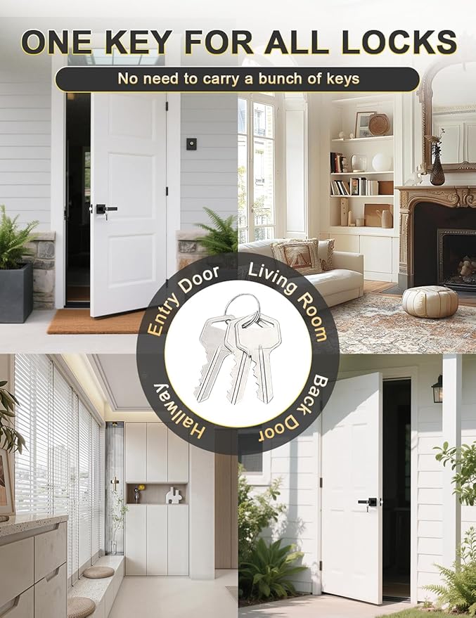 6 Pack Entry Door Levers with Lock and Key, Matte Black Keyed Alike Lockset Combo Pack, Entrance Door Handles for Office and Front Door, Door Knobs Lockset (Each with 3 Keys)