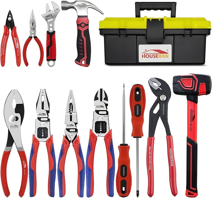 12-Piece Professional Tool Kit - Heavy Duty CRV Pliers Set, Rubber Mallet, Adjustable Wrench, Claw Hammer & Toolbox for Electrical, Household Repair, Automotive, Industries