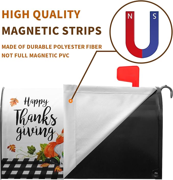 Happy Thanksgiving Mailbox Covers Magnetic Fall Gnomes Pumpkins Mailbox Cover Standard Size 21x18 Inch Decor Black White Plaid Letter Post Box Wraps for Garden Outdoor