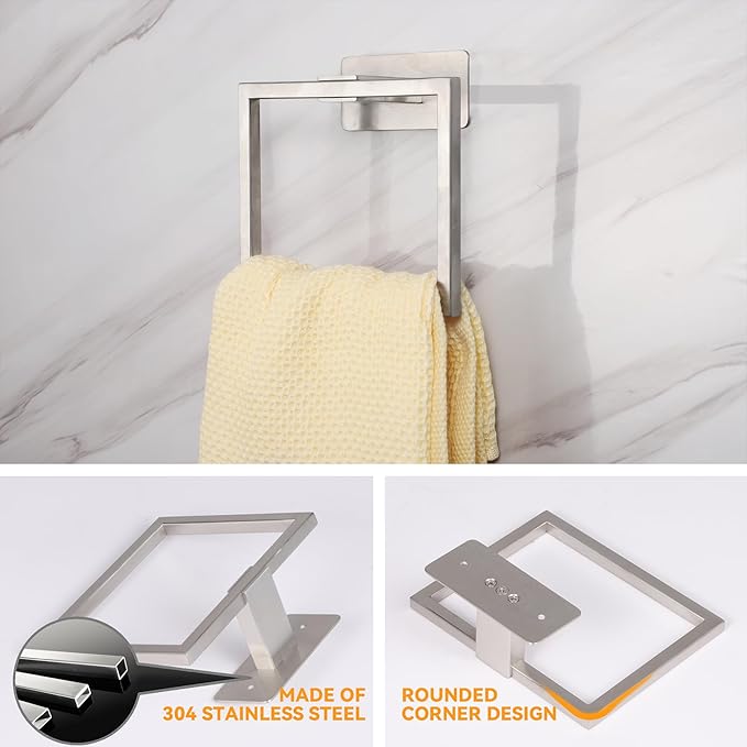 LANC Hand Towel Rings for Bathroom Wall Mount Brushed Finished Square Self Adhesive Hand Towel Holder for Kitchen Towel Holder Lavatory Stainless Steel Contemporary Shower Towel Racks, A8396BN