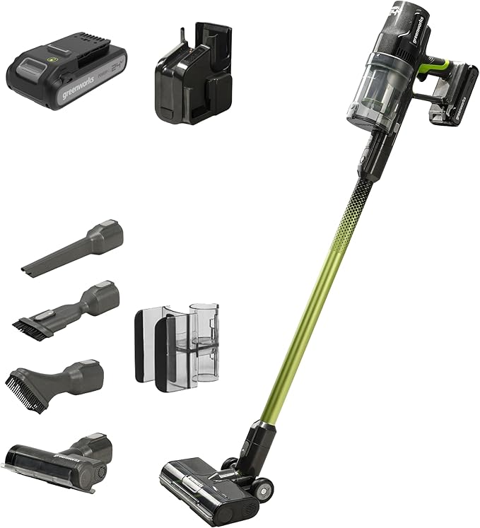Greenworks 24V Brushless Cordless Stick Vacuum, Lightweight, Handheld, Pet, Anti-Allergen HEPA Filtration, Hard Floor, Carpet, Car, 4Ah Battery, and 30-Minute Charge Time (Green)
