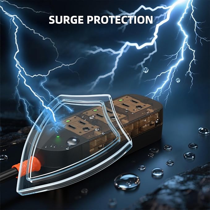 Surge Protector Power Strip, KPQ IPX6 Grade Waterproof Outdoor/Indoor Power Strip Weatherproof with 3 AC Outlets, 5FT Extension Cord, Wall Mountable for Home, Office, Camping