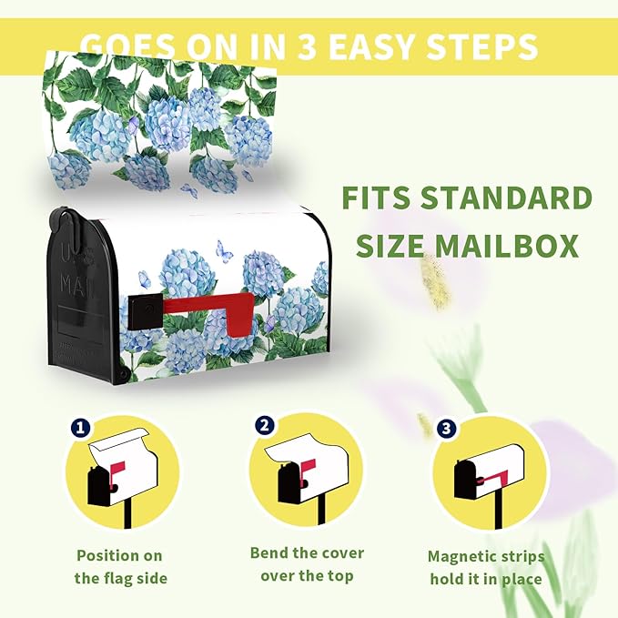 Hydrangea Flowers Magnetic Mailbox Cover Oversized Spring Summer Blue Floral Mailbox Covers Large Size 25.5 x 21 Inch Outdoor Letter Post Box Wraps for Garden Yard Home Decor